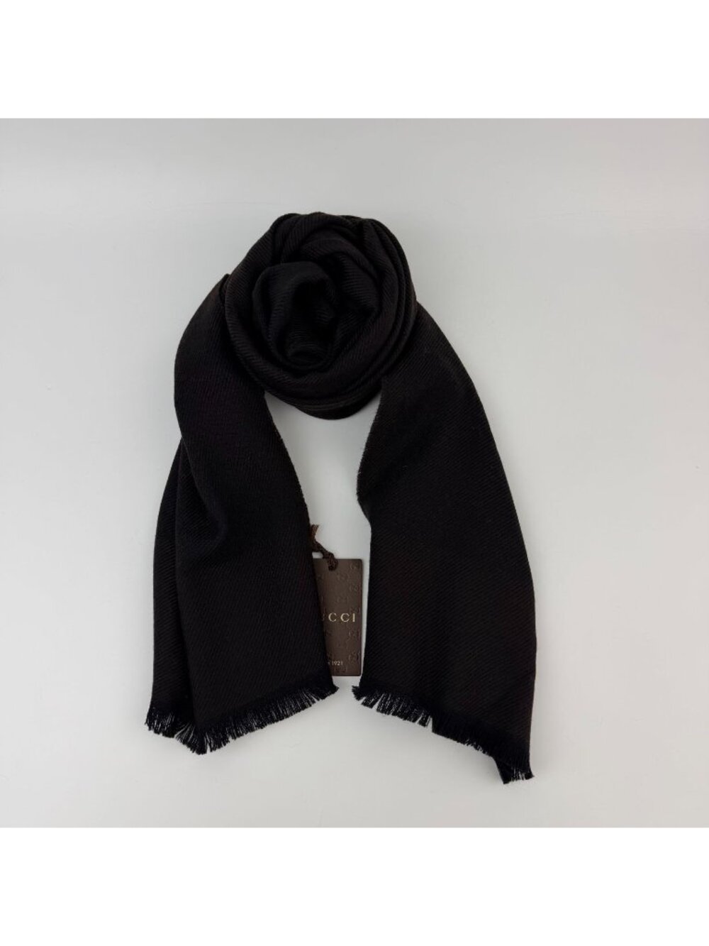 Gucci GG Jacquard Fringe Scarf Wool 100% Dark Brown Vintage